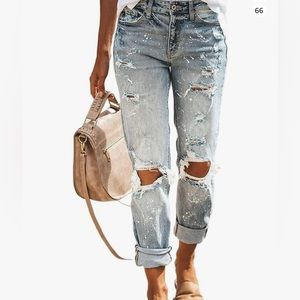 Women’s Stretchy Distressed Mid-Rise Mom Denim Jeans Ripped Relaxed Fit